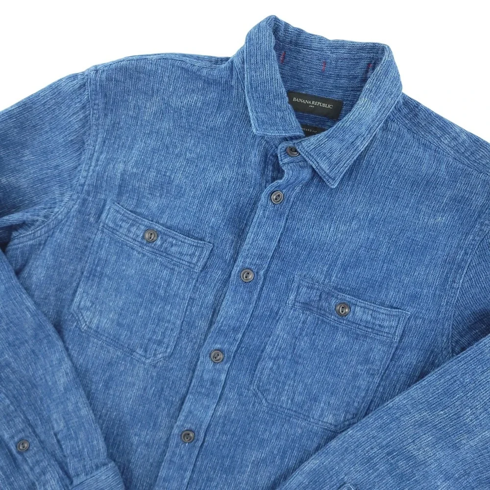 Banana Republic Shacket Mens M Blue Indigo Stripe Long Sleeve Lined Button Up